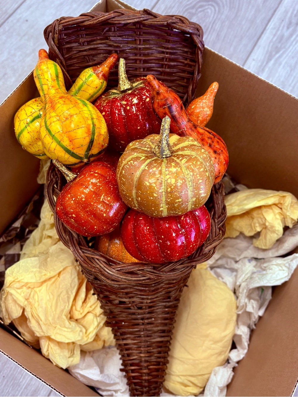 Vintage Wicker Cornucopia or Horn of Plenty for Fall with Pumpkins & Gourds
